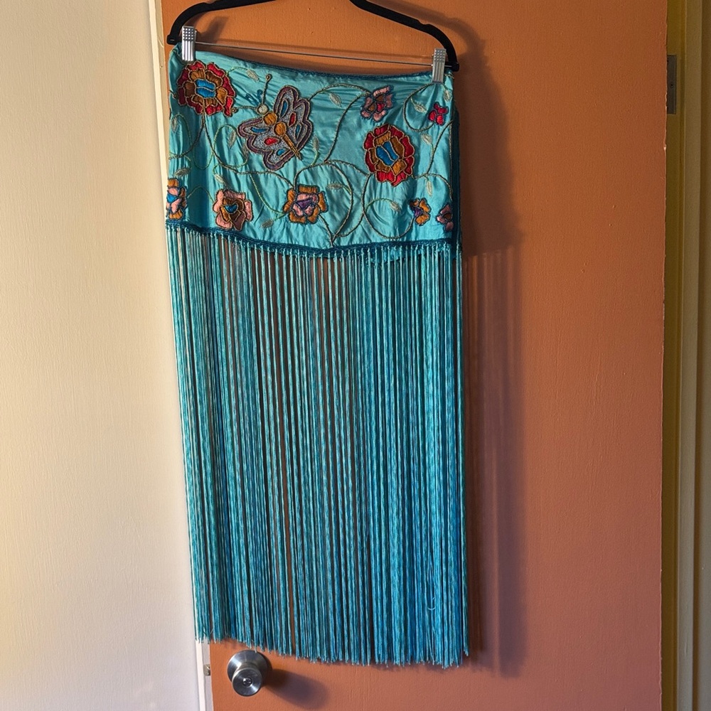 Embroidered Fringe Skirt - Blue